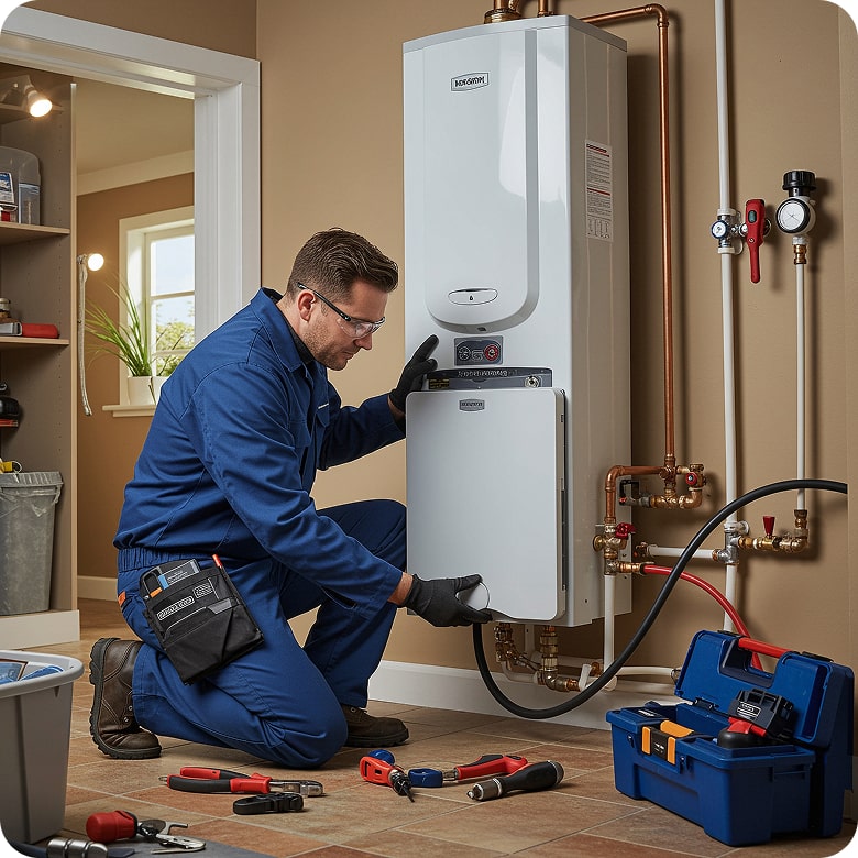 HVAC technician servicing a home heating system